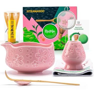 Imagem de TEANAGOO Conjunto de batedor Matcha rosa de 7 peças com design de flor de cerejeira, kit completo de cerimônia, tigela de cerâmica Chawan com bico, batedor e acessórios, conjunto de chá Matcha