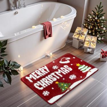 Imagem de Uphome Tapetes de banheiro Merry Christmas, decoração de banheiro de Natal, tapetes de árvore de Natal macios absorventes, tapete de banho de Natal antiderrapante, lavável na máquina, tapete de