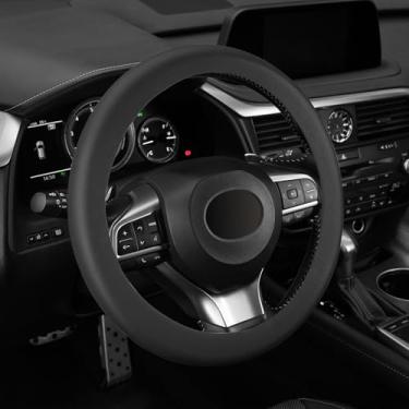 Imagem de alpmosn Capa de volante de silicone antiderrapante, capa protetora de silicone macio para rodas de 35,5 cm/38,5 cm, acessórios interiores de carro (preto)