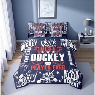 Imagem de Erosebridal Conjunto de edredom casal de 7 peças, cama motivacional de hóquei no gelo em uma bolsa com lençol de cima e lençol com elástico para crianças, adolescentes, jogo de cama com fronha e capa