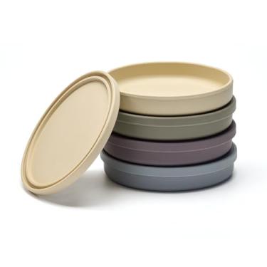 Imagem de Imagination Junction Pratos de sobremesa de silicone com tampas de silicone, conjunto de 4, louças, cereais, sobras e lanches, seguro para micro-ondas e lava-louças (amarelo, cinza, roxo, verde)