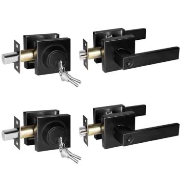 Imagem de Conjunto de fechadura de porta de entrada preta fosca e fechadura, pacote com 2, conjuntos de fechadura quadrada com chave com alavanca para entrada, fechadura externa resistente com fecho, todas as