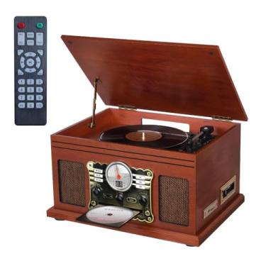 Imagem de ANVAR VEDO Toca-Discos 10 em 1 Bluetooth com CD, Cassete, Rádio FM e Conversor LP/MP3 - Design Retrô em Mogno, 3 Velocidades, Alto-Falantes Integrados e Tensão 110v/220v Colecionadores e Amantes