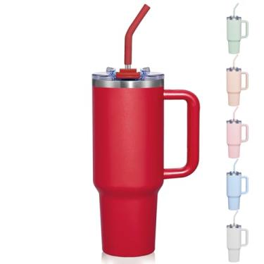Imagem de COKTIK Copo de 1,134 g com alça e tampa de palha, caneca de café de viagem isolada a vácuo, copo de aço inoxidável isolado para bebidas, à prova de vazamento, adequado para porta-copos (vermelho)
