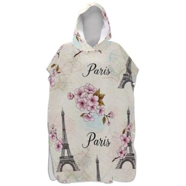 Imagem de Joisal Poncho de surfe para adulto trocador de roupa de praia com capuz toalha de natação plus size retrô Torre Eiffel flores rosa ponchos femininos com capuz