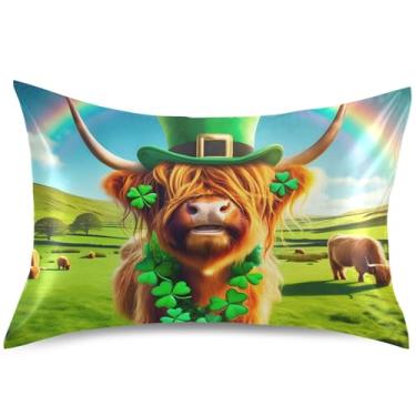Imagem de Capas de almofada engraçadas Highland Cow St Patricks de cetim para resfriamento de cabelo, travesseiros tamanho Queen King Size padrão animal fofo para sofá de cama de casa, tamanho padrão, 66 cm x