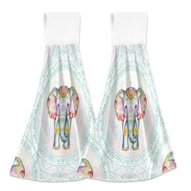 Imagem de Toalhas de cozinha personalizadas de elefante branco azul com laço para pendurar no forno com ponta dos dedos conjunto de 2 toalhas fofas absorventes macias para decoração de cozinha, 46 x 35 cm