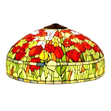 Imagem de Cúpula de Abajur Grande de 20 Polegadas com Tulipas, Estilo Tiffany, em Vitral, com Flores Vermelhas Vintage, Ideal para Abajures de Chão, Abajures de Mesa e Luminárias de Escritório Decorat