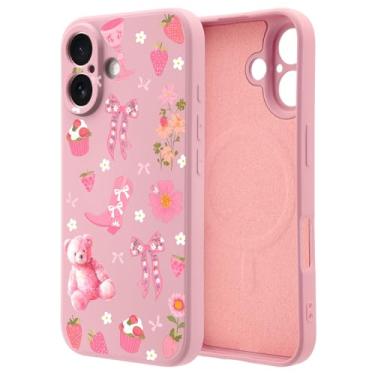 Imagem de OFQKOAKS Capa para iPhone 16 Pro compatível com MagSafe, capa de celular feminina romântica vaqueira margarida morango, silicone líquido rosa macio, capa protetora de ajuste fino para mulheres e