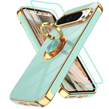 Imagem de Gritup Capa para Google Pixel 9: 2 peças protetoras de tela | Suporte magnético de rotação de 360° | Revestimento dourado macio TPU protetor básico para Pixel 9 Pro verde claro