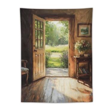 Imagem de Tapeçaria de porta aberta com vista de jardim, piso iluminado, móveis de madeira, estante de livros, cena, pintura a óleo, decoração de parede aconchegante para sala de estar, quarto, ambiente quente