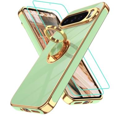 Imagem de Gritup Capa para Google 9 Pro XL: 2 peças protetoras de tela | Suporte magnético de rotação de 360° | Capa protetora básica de TPU macio com borda dourada revestida para Pixel 9 Pro XL verde ervilha