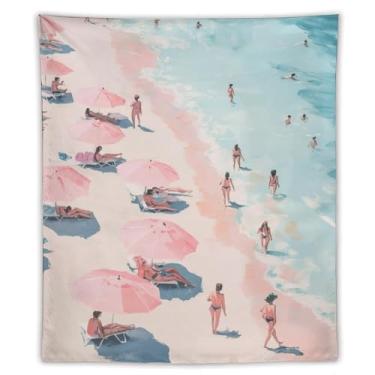 Imagem de Guarda-chuva rosa ocupado tapeçaria de praia banhistas oceano costa cena vibrante pintura a óleo estilo parede decoração de casa costeira para quarto sala de estar ambiente de verão tapeçaria 50 x 60