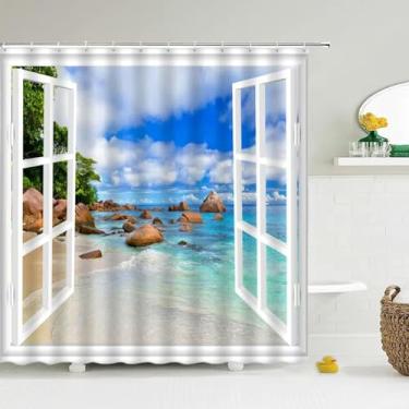 Imagem de Cortina de chuveiro 3D praia ensolarada paisagem litorânea impressa cortina de banheiro tecido impermeável com ganchos decoração de casa tela de banho 53x75in-135x190 cm/LxA