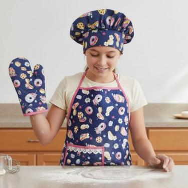 Imagem de Kit Avental Juvenil de Cozinha Infantil Kids com Touca e Luva Estampad