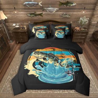 Imagem de Erosebridal Jogo de cama solteiro com 7 peças, peixe, lúcio, para meninos, crianças, adultos, caça, pesca, preto, vintage, animais subaquáticos, todas as estações