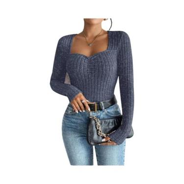 Imagem de Camiseta Casual De Manga Longa Com Gola De Diamante Para Mulheres Outo