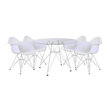 Imagem de Mesa De Jantar Vidro Redonda 110Cm Com 4 Poltronas Brancas Ferro Branco Cor: Branco