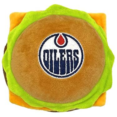 Imagem de Brinquedo de pelúcia NHL Edmonton Oilers de hambúrguer de queijo para cães e gatos – brinquedo de pelúcia mais fofo para cães e gatos com barulho interno e lindo nome da equipe de hóquei