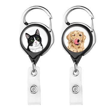 Imagem de WIRESTER Conjunto de 2 porta-crachás retráteis com mosquetão para funcionários de escritório, equipes médicas, enfermeiras, médicos, professores, estudantes – Gato de smoking fofo e cão Golden