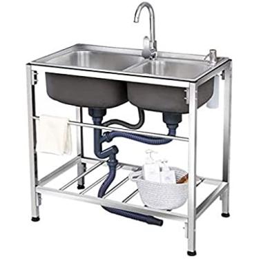 Imagem de Kit multifuncional para pia multifuncional, pia para cozinha de catering, lavatório, pia de aço inoxidável 304/201, tanque duplo com torneira, garagem para lavanderia interna e externa, 72x3