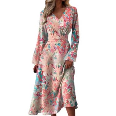 Imagem de Elogoog Vestido feminino rodado rodado cintura elástica manga longa decote V floral vestido de sol primavera verão para mulheres 2024, rosa, P