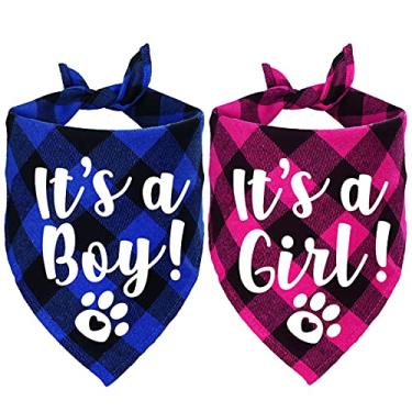Imagem de STMK Bandana xadrez para cachorro It's A Boy It's A Girl, bandana xadrez de anúncio de gravidez, bandana de cachorro xadrez para anúncio de bebê, acessório de foto revelador de gênero para cachorrinho