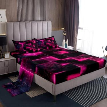 Imagem de Jogo de cama rosa choque preto 3D brilhante búfalo conjunto de lençóis de cama de arte abstrata moderna Queen geométrico xadrez, lençol de cima com cubos futuristas gradiente