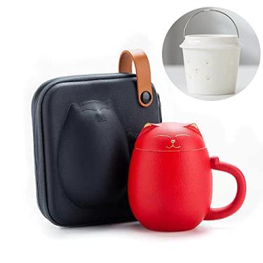Imagem de Xícara de chá de gato com infusor e tampa, canecas fofas de cerâmica para imersão de folhas soltas, xícaras de chá de 350 ml com estojo portátil à prova de estilhaçamento, copo de infusor de bule de