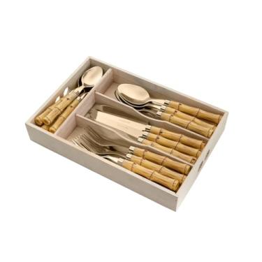 Imagem de WOLFF Faqueiro de Aço Inox Com Cabo Plástico Bambu Dourado 24 Peças - Jogos de Talheres - Mesa Posta - Utensílios de Cozinha, Enxoval, Casamento, Decoração