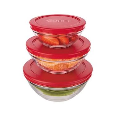 Imagem de Conjunto de Potes Redondos 3 Peças Euro Home em Vidro com Tampa em Polietileno – Transparente/Vermelho