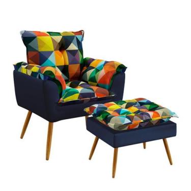 Imagem de Poltrona Beta com Puff Lunar Sued Estampado Colorido com Azul Marinho 