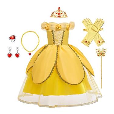 Imagem de CinheyU Vestido de festa de aniversário de princesa da Bela com acessórios para fantasia de A Bela e a Fera, roupas de Natal de Halloween Amarelo 006 6-7T