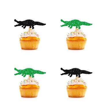 Imagem de Toppers de cupcake de crocodilo, palitos de cupcake de chá de bebê com glitter preto, decorações de bolo de crocodilo para revelação de gênero/festa de primeiro aniversário - 24 peças