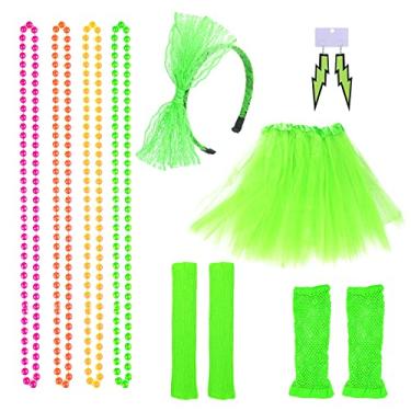 Imagem de KINBOM Conjunto de acessórios de fantasia dos anos 80, colar dos anos 80, luvas dos anos 80, saia, tutu, 80, polainas dos anos 80, faixa de cabeça, acessórios para mulheres dos anos 80, roupas de