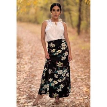Imagem de Saia Longa Malha SAZ Estampa Preto Floral - Único - Veste 38 ao 48-Feminino