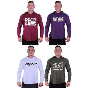 Imagem de Kit 4 Camisetas Manga Longa com Touca Longline Estampada Treino Academia Lazer Casual-Masculino