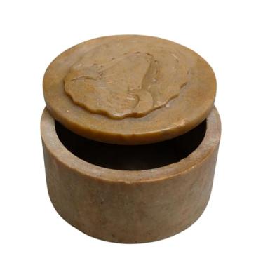 Imagem de craftslook Caixa de joias pequena redonda com pedra-sabão, 6 x 3,5 cm, designer esculpido à mão, organizador de maquiagem, caixa de armazenamento, caixa de bugigangas, organizador de porta-joias,