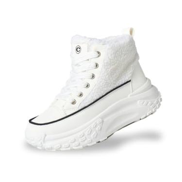 Imagem de Chouiss Tênis de inverno feminino, plataforma de caminhada leve, com lã de cordeiro, sapatos casuais quentes, Branco, 36
