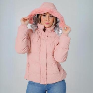 Imagem de Jaqueta Nylon Puffer Forrada Impermeável Capuz Com Pelinho Feminina-Feminino