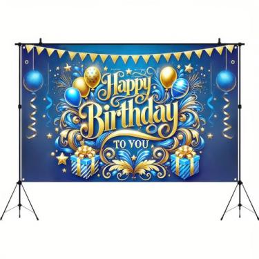 Imagem de BlissYard Banner azul dourado azul marinho fundo azul marinho 180 x 109 cm masculino balão de bolinhas douradas legal aniversário festa decoração de fundo banner cabine de fotos adereços para fotos