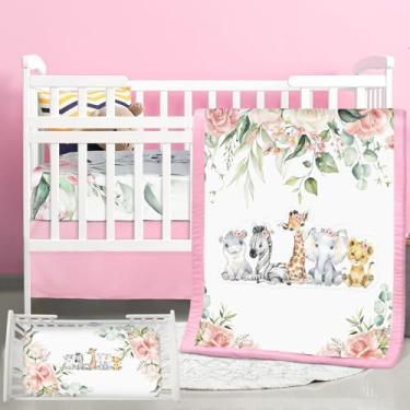 Imagem de Hahafelt Jogo de cama com 3 peças, animais de safári, dinossauros, urso, floresta, selva, berço, inclui colcha, lençol com elástico, saia para bebês meninos e meninas (rosa, safári)