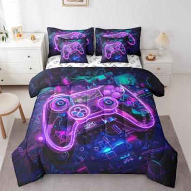 Imagem de Feelyou Jogo de cama infantil casal, com estampa de galáxia, conjunto de 7 peças, conjunto de cama para jogos ombré, moderno, para meninos e meninas, conjunto de edredom com lençol e edredom para