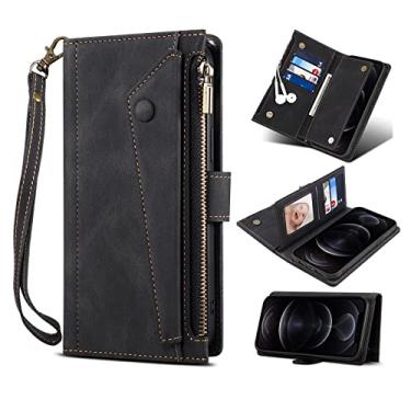 Imagem de Capa de Estojo Capa tipo carteira compatível com iPhone X/XS, capa com zíper com slot para cartão de bloqueio de RFID, bolsa magnética com zíper e alça de pulso, capa de couro PU vintage Capa de Estoj