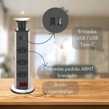 Imagem de Torre De Tomadas De Embutir Retrátil Multiplug USB mais USB Tipo C com 3 Tomadas Bancada