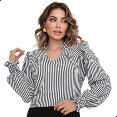 Imagem de Blusa Manga Longa Bufante Gola V Listrada Feminina Social - G-Store, C