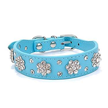 Imagem de Coleira de strass para cachorro haoyueer, linda, floral, strass, gato, coleira brilhante, couro PU ajustável, tamanhos pequenos, médios, grandeshaoyueer S azul C0100110192