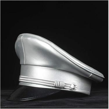 Imagem de Chapéu De Feltro Elegt Chapéu Militar De Couro Unissex Para Mulheres Homens Germy Officer Visor Exército Chapéu Cortical Polícia Cap Cosplay Halloween Chapéu Fay Dress U, Silver, 57CM