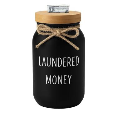Imagem de Cofre engraçado para dinheiro lavado – jarra de vidro com compartimento para dinheiro e tampa de bambu, pote de ponta rústica para lavanderia, moedas soltas, organização doméstica, cofrinho decorativo