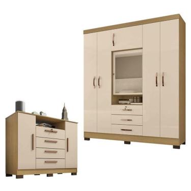 Imagem de Guarda Roupa Casal Imperial Com Cômoda Madri Carvalho Americano Off White – Incorplac
